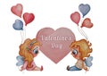 Postcard Valentine. Couple of children angels - cute girl and boy with balloons and a big heart with the text Valentines Royalty Free Stock Photo