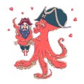 Postcard for Valentine`s day. 14 Feb. Be my Valentine. Love the octopus hugs confused pirate.