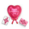 Postcard with Valentine`s day, greeting card with a volumetric pink heart and and gift boxes decorated with bows, top view. Vecto Royalty Free Stock Photo