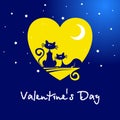 Postcard for Valentine`s Day. Loving cats looking at the moon