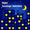 Postcard for Valentine`s Day. The night of lovers. Cats sit on the roof of the house looking at the moon Royalty Free Stock Photo