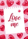 Postcard for Valentines Day. Love me. Letter. Bright illustration with shiny realistic heart shaped balloons. For