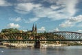 Postcard view of famous Vysehrad standing on a rock and Rasin Embankment,Prague,Czech republic.Riverfront colorful
