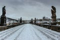 Postcard view of Prague Castle from Charles Bridge, Czech republic.Famous tourist destination.Prague winter panorama.Snowy day in Royalty Free Stock Photo