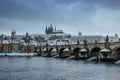 Postcard view of winter Prague panorama, Czech Republic.Amazing European cityscape.Famous Prague Castle,Charles Bridge,Vltava Royalty Free Stock Photo