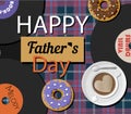 A postcard with vinyl records and doughnuts for father s Day. An illustration with an English cage in dark pink and blue