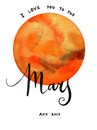 Postcard with watercolour illustrations planet Mars and Handwritten inscription I love you to the Mars and back. Great