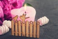 Postcard with wooden gate and birds, peony flowers, candle Royalty Free Stock Photo