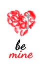 Postcard with the words Be mine in italics. Red heart is laid out of red feathers and decorative silver keys. Top view, flat lay,