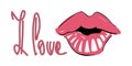 Postcard with the words I love you and coral lips. Vector illustration of lettering.