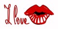 Postcard with the words I love you and red lips. Vector illustration of lettering.