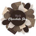 Postcard for World Chocolate Day. White, milk and dark chocolate. Circular illustration. EPS 10 vector illustration with chocolate Royalty Free Stock Photo