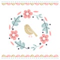 Postcard with wreath and cute bird. Illustration for children`s prints, greetings, posters, t-shirt, packaging, invites Royalty Free Stock Photo