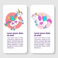 Postcards with magic unicorns. Vector illustration with place for text.