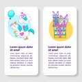 Postcards with gifts and cute unicorn with wings. Vector illustration. Royalty Free Stock Photo