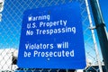 Posted `Warning US Property No Trespassing; Violators will be Prosecuted` sign at a federal facility in San Francisco, California Royalty Free Stock Photo