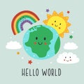 Poster with cute Earth,cloud, rainbow and sun