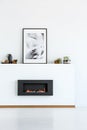 Poster above black fireplace in minimal white living room interior. Real photo