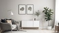 Poster above cabinet with plants next to grey settee in white flat interior. Generative AI Royalty Free Stock Photo