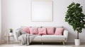 Poster above cabinet with plants in white flat interior with pink blanket grey couch. generative ai Royalty Free Stock Photo