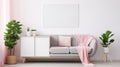 Poster above cabinet with plants in white flat interior with pink blanket grey couch. generative ai Royalty Free Stock Photo