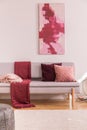 Poster above grey settee with red blanket and cushions in bright living room interior. Real photo Royalty Free Stock Photo