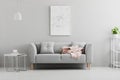 Poster above grey sofa with pink blanket in living room interior Royalty Free Stock Photo