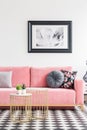 Poster above pink sofa with pillows in white living room interior with gold tables. Real photo Royalty Free Stock Photo