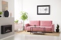Poster above pink sofa between plants in white living room interior with fireplace. Real photo Royalty Free Stock Photo