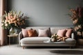 Poster above white cabinet with plant next to grey sofa Royalty Free Stock Photo