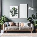 Poster above white cabinet with plant next to grey sofa in simple living room interior. Royalty Free Stock Photo