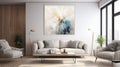 Poster above white cabinet with plant next to grey sofa in simple living room interior. Real photo Royalty Free Stock Photo