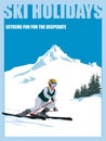 Poster. Advanced woman skiers slides near the mountain downhill. Cross-country skiers. Sports descent on skis from the