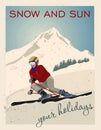 Poster. Advanced woman skiers slides near the mountain downhill. Cross-country skiers. Sports descent on skis from the