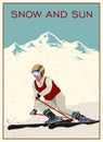 Poster. Advanced woman skiers slides near the mountain downhill. Cross-country skiers. Sports descent on skis from the