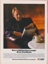 Poster advertising SAS Scandinavian Airlines in magazine from 1992, Relax in SAS EuroClass Lounges all over Scandinavia slogan Royalty Free Stock Photo