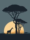 African landscape with trees and giraffe silhouette vector illustration Royalty Free Stock Photo