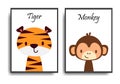 Poster with animals. Cartoon characters. Cartoon animal. tigers and monkeys