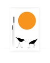 Birds silhouettes and bamboo on sunset, vector. Water birds, illustration. Minimalist art design. Poster design, minimalism Royalty Free Stock Photo