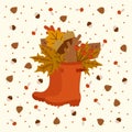 Poster Autumn Boots. Vector Postcard With Shoes In A Circle Of Acorns, Mushrooms And Foliage. Cozy November Illustration