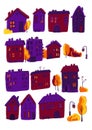 Poster with autumn houses in doodle style. Autumn colour.