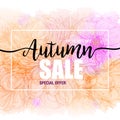 Poster autumn sales on a floral watercolor background. Card, label, flyer, banner design element. Vector illustration Royalty Free Stock Photo