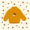 Poster Autumn Sweater. Vector Postcard With Clothes With An Acorn. Cozy November Illustration With Doodles In A Circle