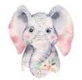 A poster with a baby elephant. Watercolor cartoon elephant tropical animal illustration. Jungle exotic summer print. Royalty Free Stock Photo