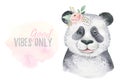 A poster with a baby panda. Watercolor cartoon panda tropical animal illustration. Jungle exotic summer print.