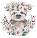 A poster with a baby sloth. Watercolor cartoon sloth tropical animal illustration. Jungle exotic summer print. Royalty Free Stock Photo