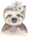 A poster with a baby sloth. Watercolor cartoon sloth tropical animal illustration. Jungle exotic summer print.