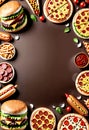 poster background flat lay with copy space burger, hot dog and pizza Royalty Free Stock Photo