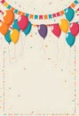 a poster with balloons, flags, confetti, decortaion and a blank banner for text placement Royalty Free Stock Photo