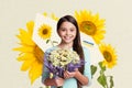 Poster banner advert collage of child girl holding wildflower bunch over patriotic background advertise pray for peace Royalty Free Stock Photo